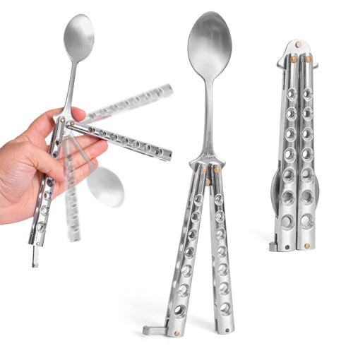 Caliber Gourmet Butterfly Knife Style Spoon BBQ Tool Spoon Folding Stainless Steel Camping Hiking Grill Picnic Utensil
